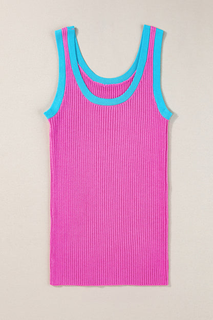 Fiery Red Colorblock Edge Ribbed Knit U Neck Tank Top