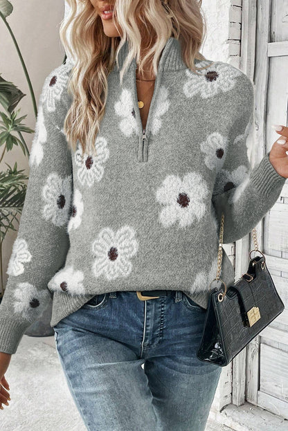 Khaki Floral Pattern Half Zip Drop Shoulder Sweater
