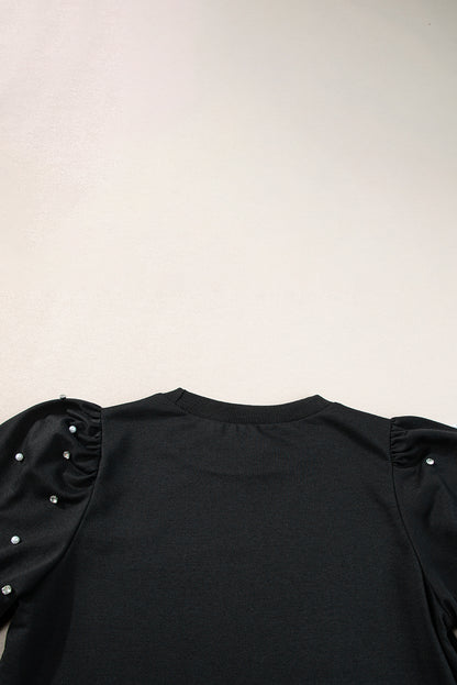 Light Grey Rhinestone Pearl Puff Half Sleeve Top