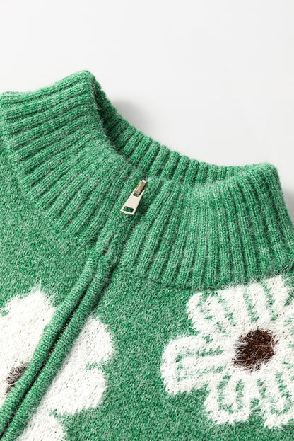 Khaki Floral Pattern Half Zip Drop Shoulder Sweater