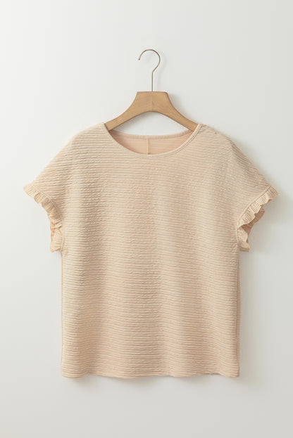 Light Pink Solid Textured Ruffled Short Sleeve Blouse