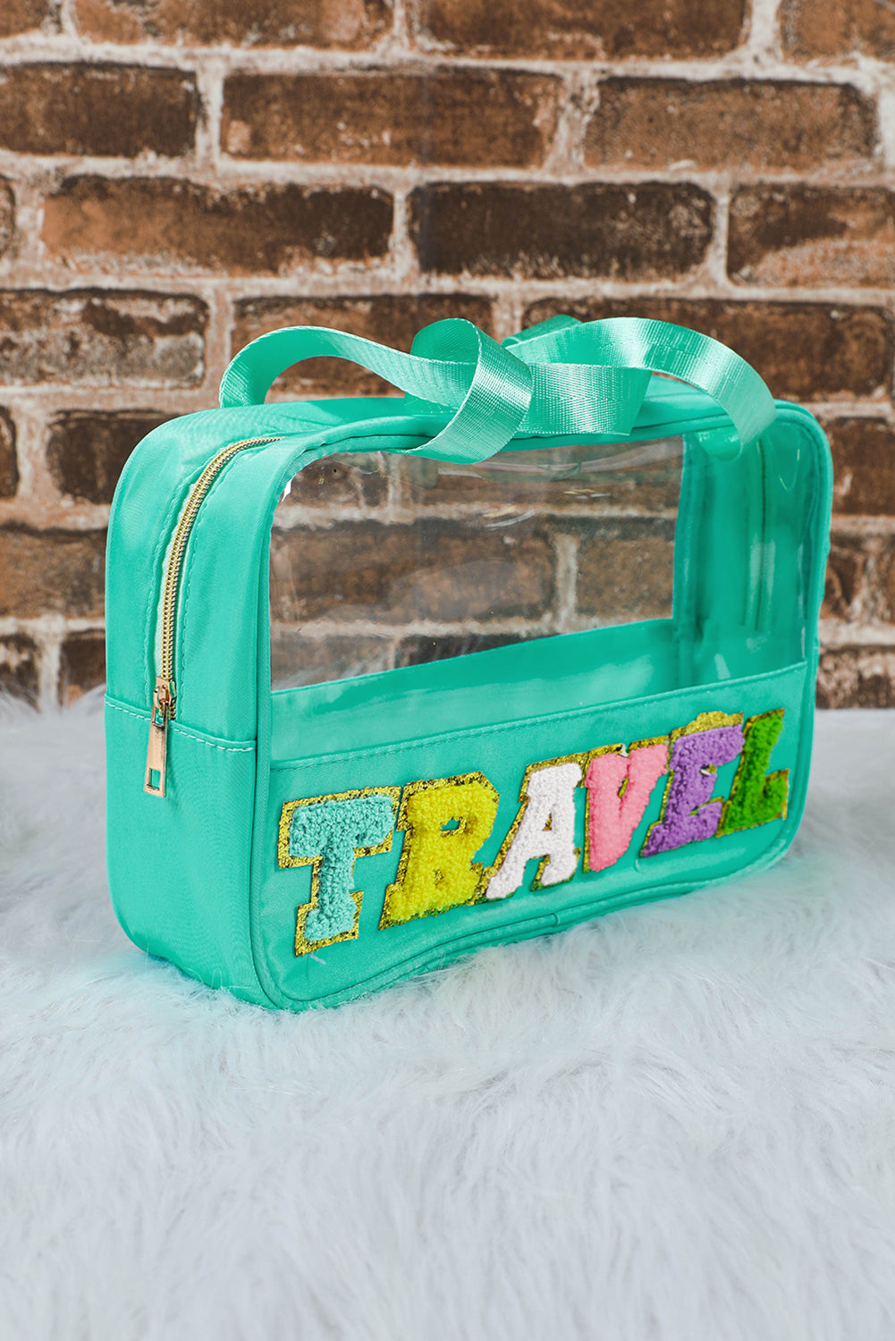 Black TRAVEL Chenille Letter Clear PVC Makeup Bag